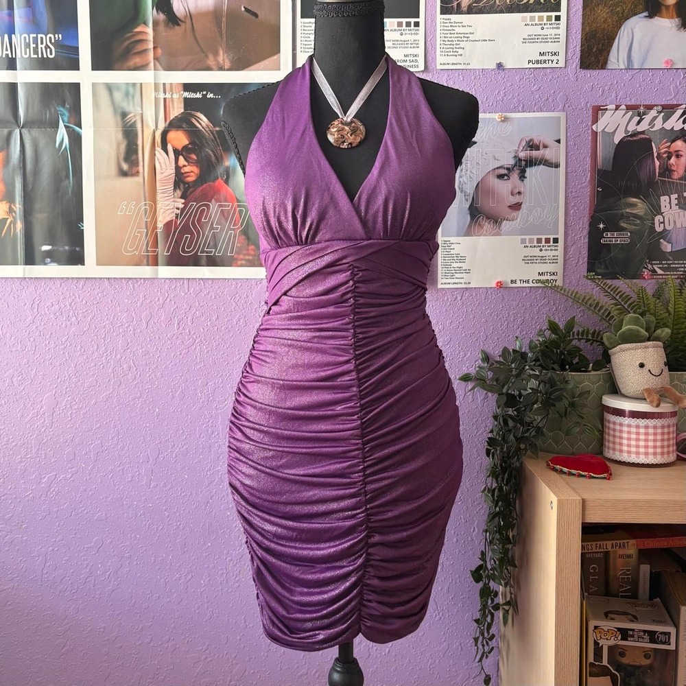 Wet Seal Metallic Purple Ruched Halter Bodycon Mini Dress Size Medium